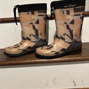 Salvatore Ferragamo Black and Tan Patterned Boots